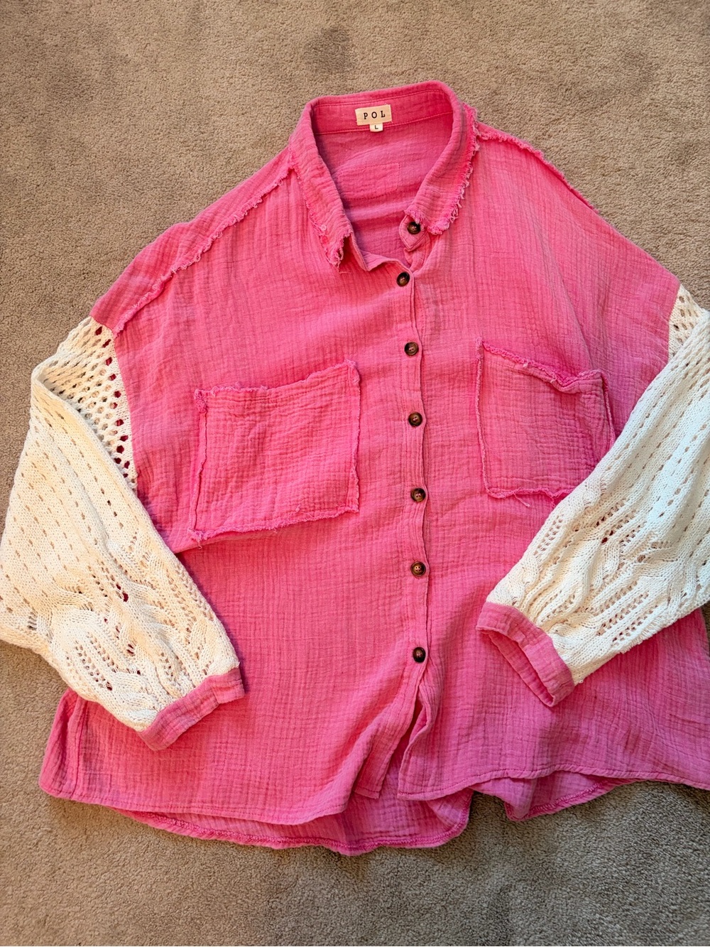 POL Pink Button-Front Mixed-Sleeve Women's Top - Picture 2 of 2